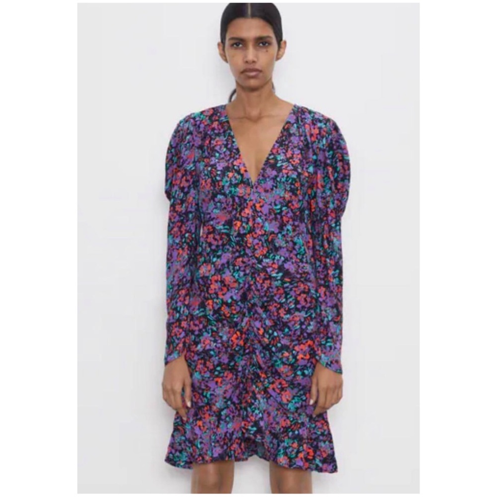 ZARA Women’s Size S Purple Floral Puff Sleeve Ruched Ruffle Knee Length‎ Dress